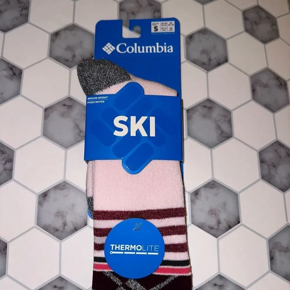 Columbia Thermolite Medium Weight Over Calf Pink Gray Ski Socks Size Small NWT